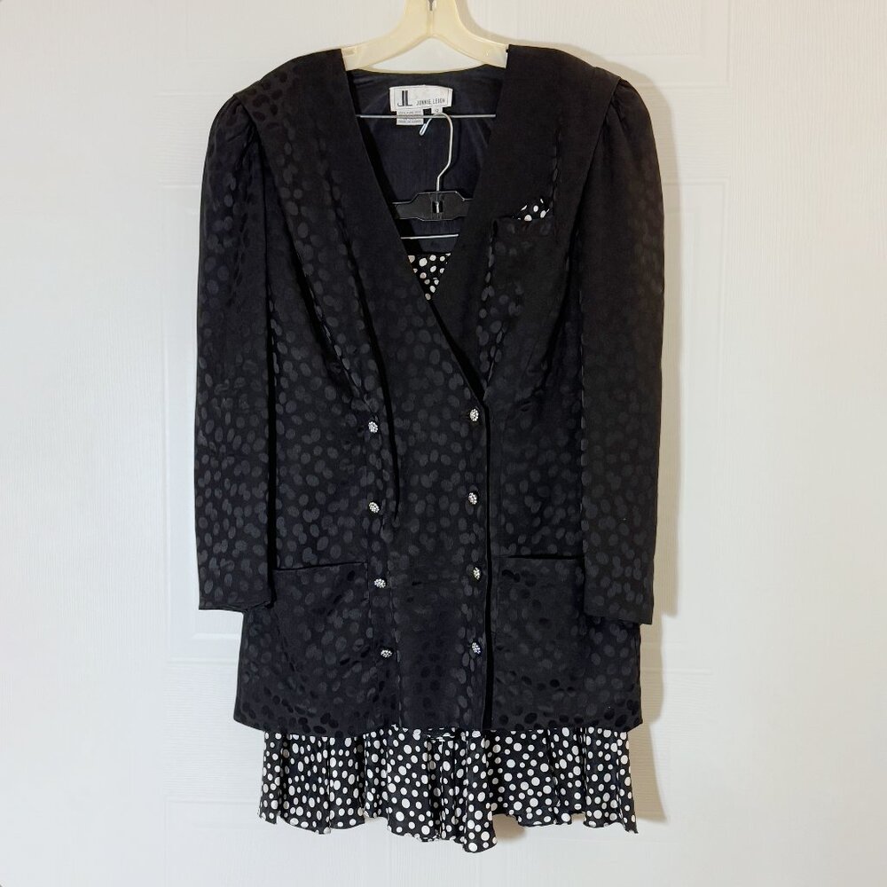 Vtg Junnie Leigh Black Double-Breasted Jacket & Coordinating Skirt Silk Size 12